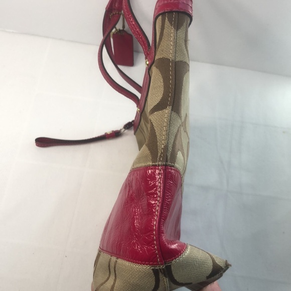 Coach Khaki Signature Stripe Patent Shoulder Tote Red Bag Handbag 12429 - Picture 15 of 16